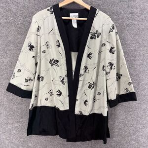 K.C. Spencer Top Women 16W Plus White Floral Open Front Long Sleeve Casual